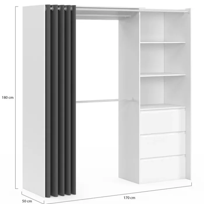 Dressing extensible de 120/170 x 50 x 180 cm blanc avec 3 tiroirs, des étagères et 2 penderies