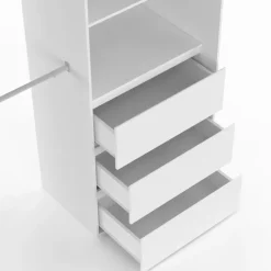 Dressing extensible de 120/170 x 50 x 180 cm blanc avec 3 tiroirs, des étagères et 2 penderies