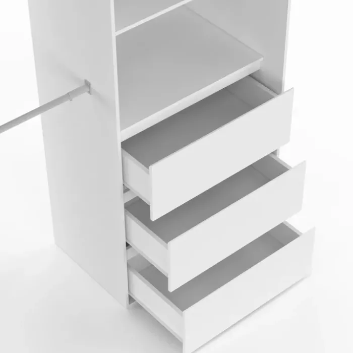 Dressing extensible de 120/170 x 50 x 180 cm blanc avec 3 tiroirs, des étagères et 2 penderies