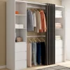 Dressing extensible double blanc 120/180 cm 6 tiroirs + étagères + double penderie + rideau gris