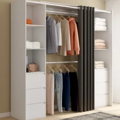 Dressing extensible double blanc 120/180 cm 6 tiroirs + étagères + double penderie + rideau gris