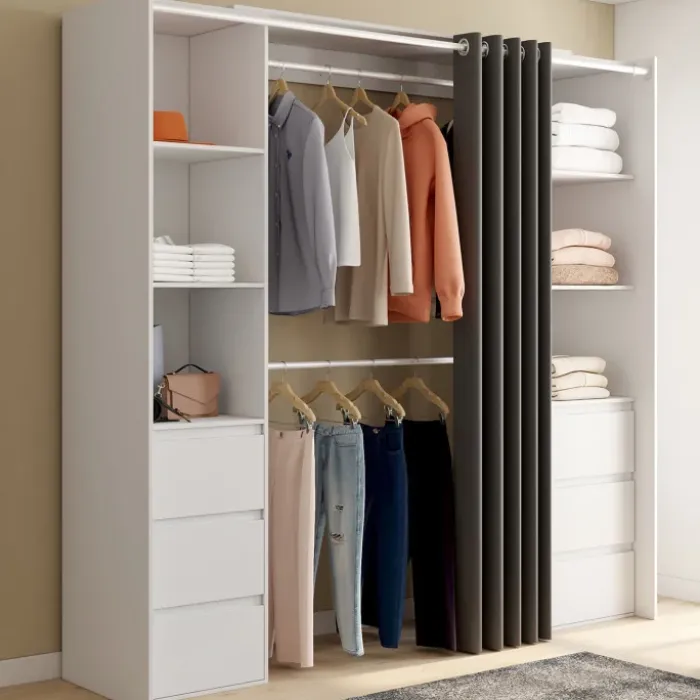 Dressing extensible double blanc 120/180 cm 6 tiroirs + étagères + double penderie + rideau gris