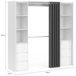 Dressing extensible double blanc 120/180 cm 6 tiroirs + étagères + double penderie + rideau gris