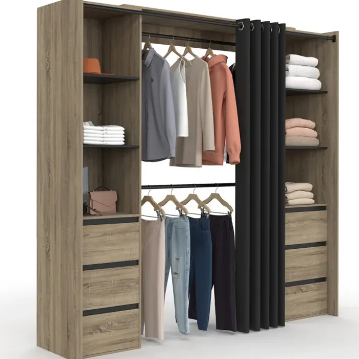 Dressing extensible double effet hêtre 120/180 cm 6 tiroirs + étagères + double penderie + rideau noir