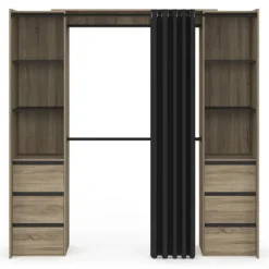 Dressing extensible double effet hêtre 120/180 cm 6 tiroirs + étagères + double penderie + rideau noir
