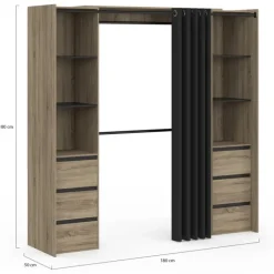 Dressing extensible double effet hêtre 120/180 cm 6 tiroirs + étagères + double penderie + rideau noir