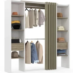 Dressing extensible double blanc et bois avec rideau taupe