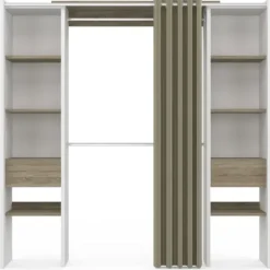 Dressing extensible double blanc et bois avec rideau taupe