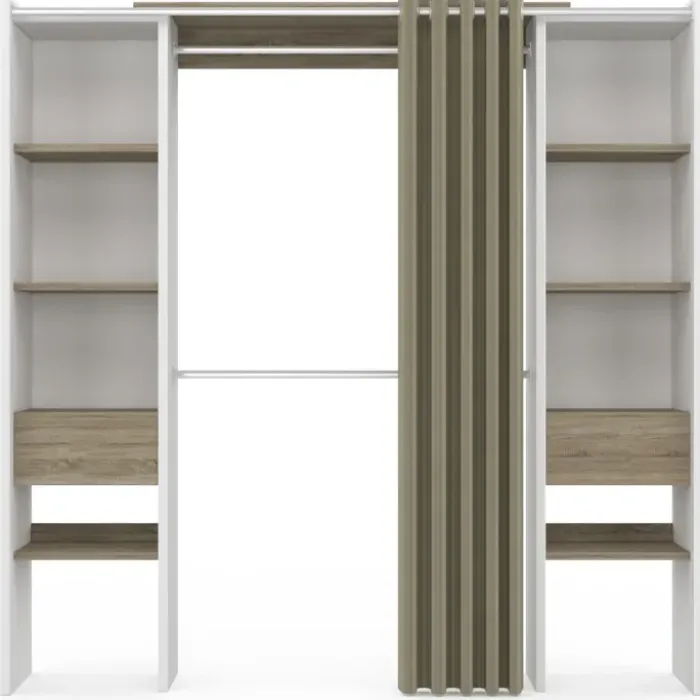 Dressing extensible double blanc et bois avec rideau taupe