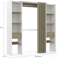 Dressing extensible double blanc et bois avec rideau taupe
