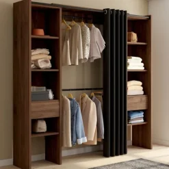 Dressing extensible double 120/180 x 50 x 180 cm noyer avec étagères + double penderie + rideau noir