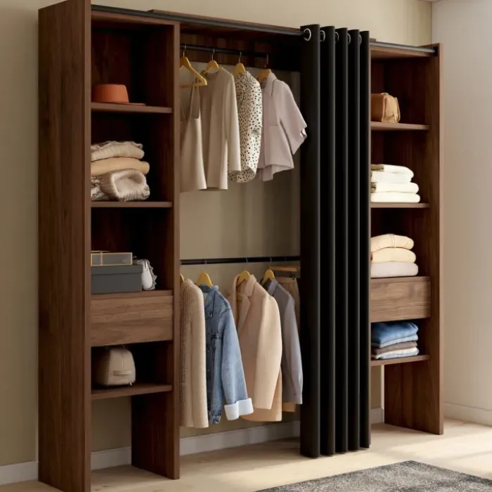 Dressing extensible double 120/180 x 50 x 180 cm noyer avec étagères + double penderie + rideau noir