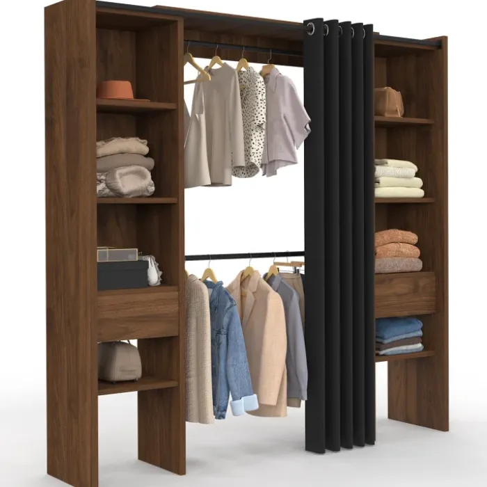 Dressing extensible double 120/180 x 50 x 180 cm noyer avec étagères + double penderie + rideau noir