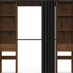 Dressing extensible double 120/180 x 50 x 180 cm noyer avec étagères + double penderie + rideau noir