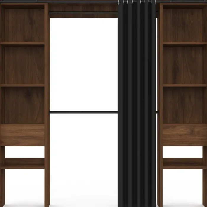 Dressing extensible double 120/180 x 50 x 180 cm noyer avec étagères + double penderie + rideau noir