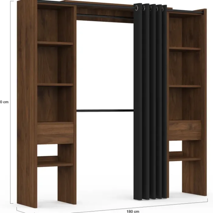 Dressing extensible double 120/180 x 50 x 180 cm noyer avec étagères + double penderie + rideau noir