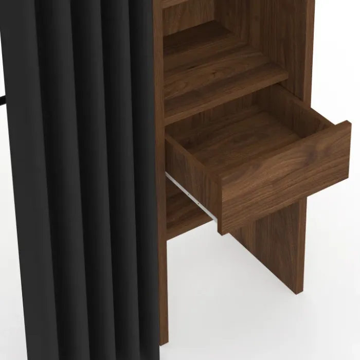 Dressing extensible double 120/180 x 50 x 180 cm noyer avec étagères + double penderie + rideau noir