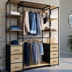 Dressing industriel double penderie bois et noir avec étagères et bacs