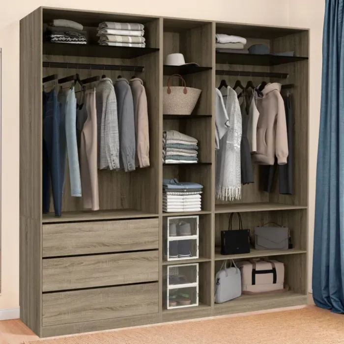 Dressing modulable 200 x 55 x 200 cm 3 modules avec 2 penderies + étagères + 3 tiroirs hêtre et noir