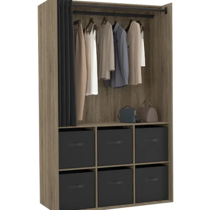 Dressing penderie 104 x 50 x 172 cm hêtre avec rideau noir et 6 boites de rangement
