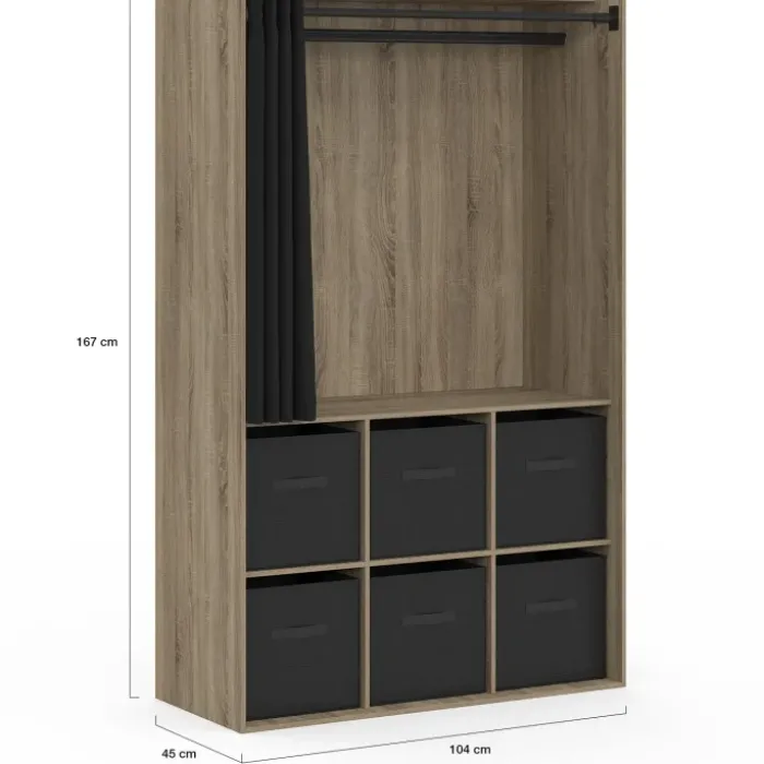 Dressing penderie 104 x 50 x 172 cm hêtre avec rideau noir et 6 boites de rangement