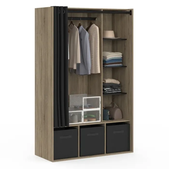 Dressing penderie avec rideau et étagères bois et noir