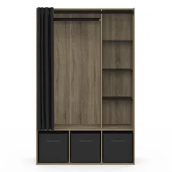 Dressing penderie avec rideau et étagères bois et noir