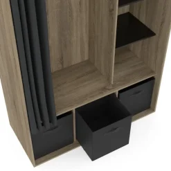 Dressing penderie avec rideau et étagères bois et noir