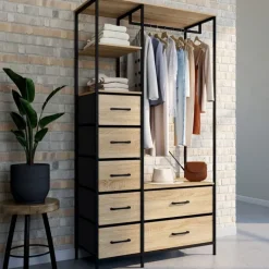 Dressing penderie industriel avec 7 bacs en tissu, coloris bois et noir
