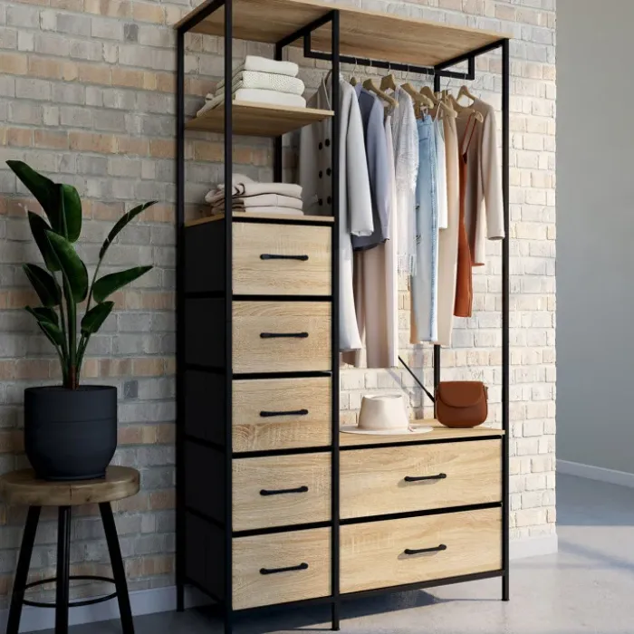 Dressing penderie industriel avec 7 bacs en tissu, coloris bois et noir