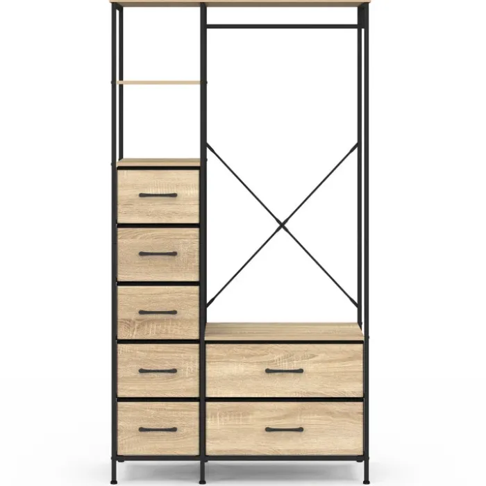 Dressing penderie industriel avec 7 bacs en tissu, coloris bois et noir