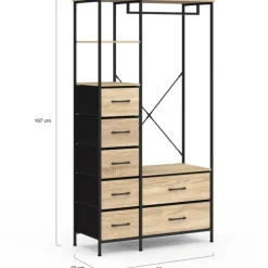 Dressing penderie industriel avec 7 bacs en tissu, coloris bois et noir