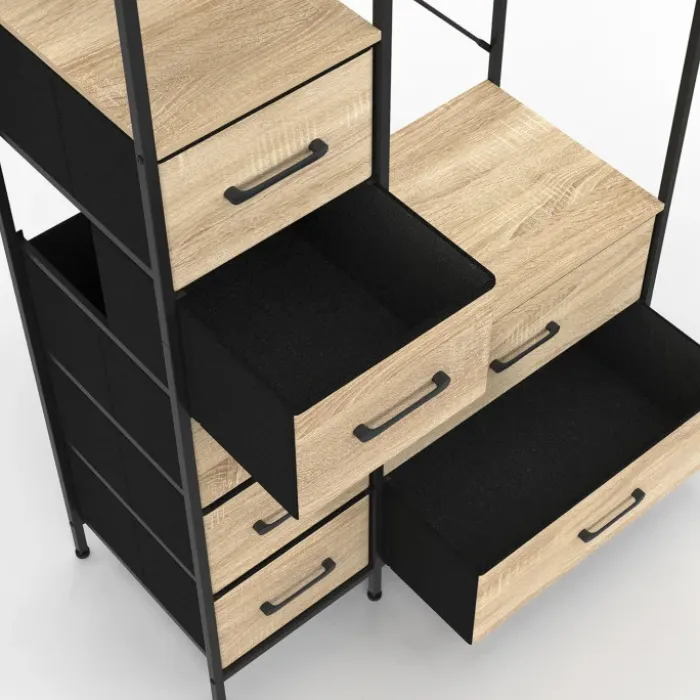 Dressing penderie industriel avec 7 bacs en tissu, coloris bois et noir