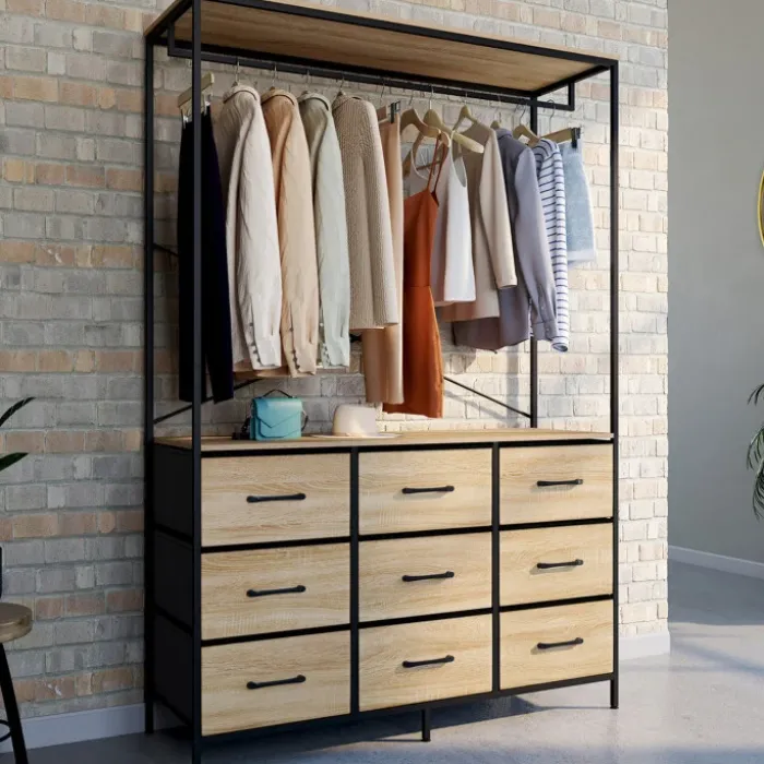 Dressing penderie industriel 115 cm avec 9 bacs en tissu bois et noir