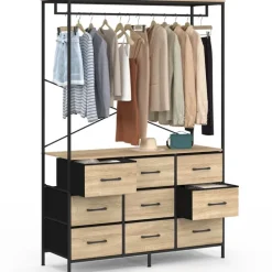 Dressing penderie industriel 115 cm avec 9 bacs en tissu bois et noir