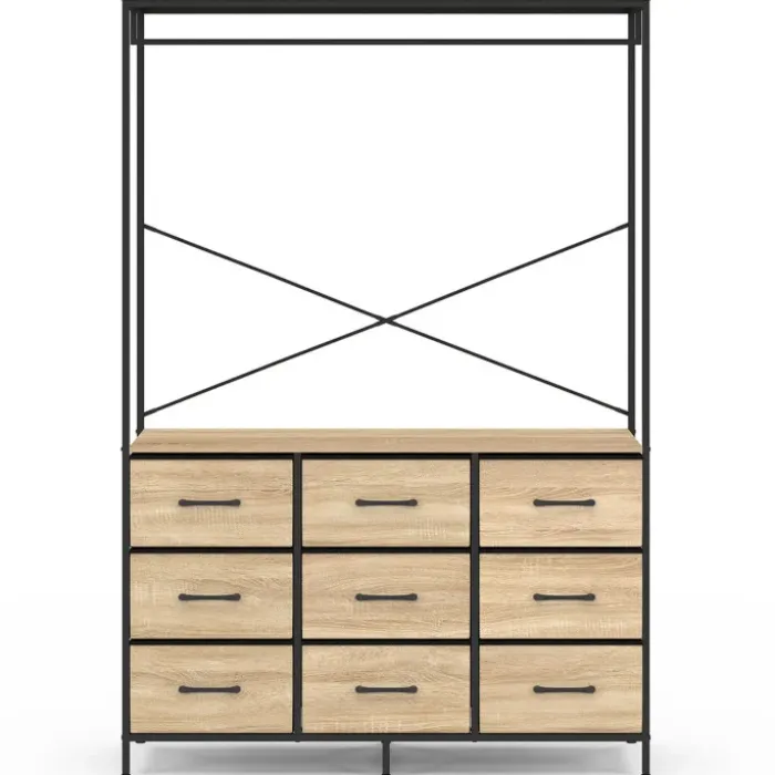 Dressing penderie industriel 115 cm avec 9 bacs en tissu bois et noir