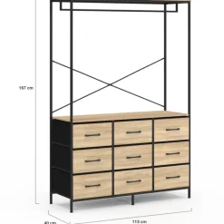 Dressing penderie industriel 115 cm avec 9 bacs en tissu bois et noir
