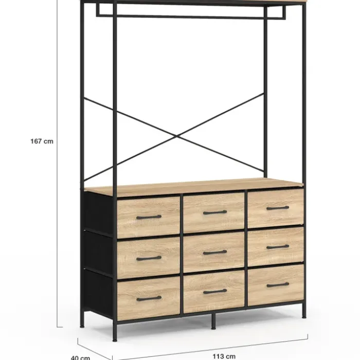 Dressing penderie industriel 115 cm avec 9 bacs en tissu bois et noir