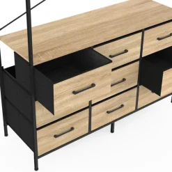 Dressing penderie industriel 115 cm avec 9 bacs en tissu bois et noir