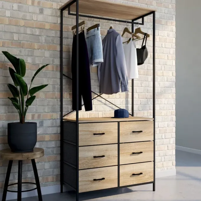Dressing penderie industrielle avec 6 bacs en tissu bois et noir