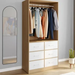 Dressing penderie L. 80 cm avec 6 tiroirs bois façon hêtre et blanc