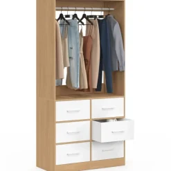 Dressing penderie L. 80 cm avec 6 tiroirs bois façon hêtre et blanc