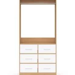 Dressing penderie L. 80 cm avec 6 tiroirs bois façon hêtre et blanc