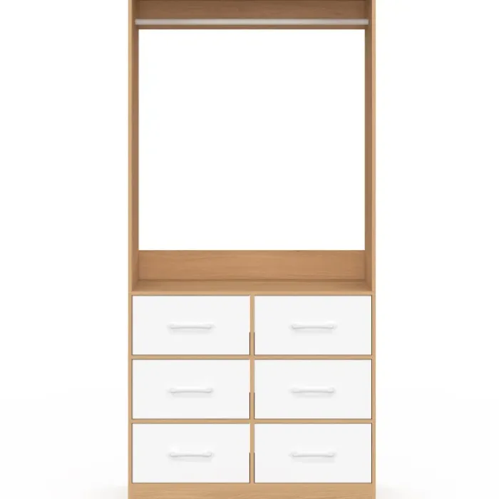 Dressing penderie L. 80 cm avec 6 tiroirs bois façon hêtre et blanc