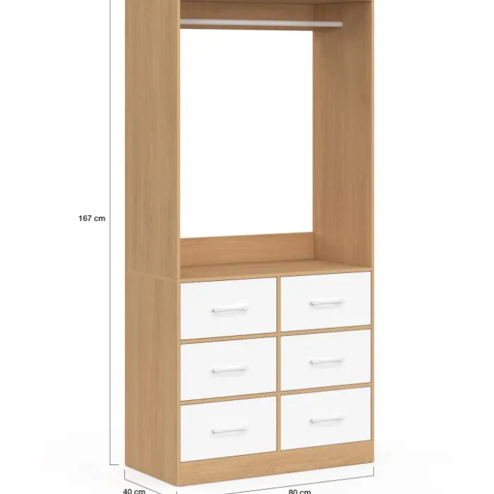 Dressing penderie L. 80 cm avec 6 tiroirs bois façon hêtre et blanc