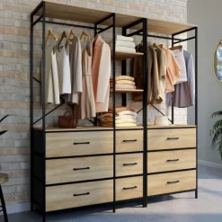 Dressing penderie modulable L. 150 cm XXL avec 3 étagères et 9 bacs en tissu bois et noir