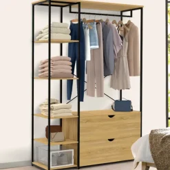 Dressing penderie ouvert industriel avec 5 étagères et 2 tiroirs
