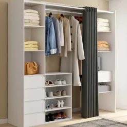 Dressing XXL extensible 120/180 cm blanc avec tiroirs + étagères + penderie + rideau gris