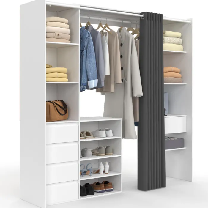 Dressing XXL extensible 120/180 cm blanc avec tiroirs + étagères + penderie + rideau gris
