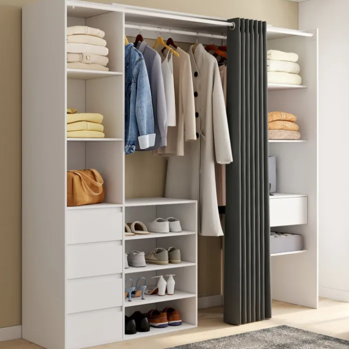 Dressing XXL extensible 120/180 cm blanc avec tiroirs + étagères + penderie + rideau gris